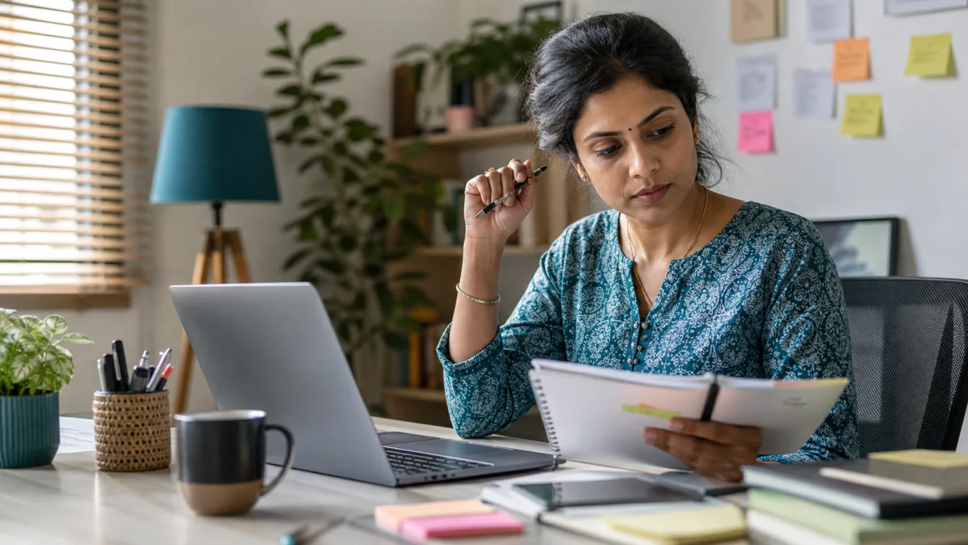 An adult reviewing a planner and laptop in a home workspace