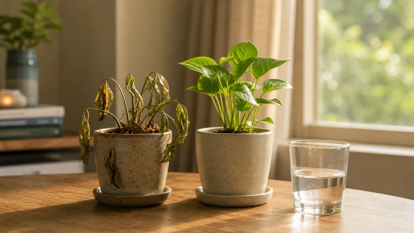 A wilting plant beside a thriving plant and a half-empty glass of water in warm natural light