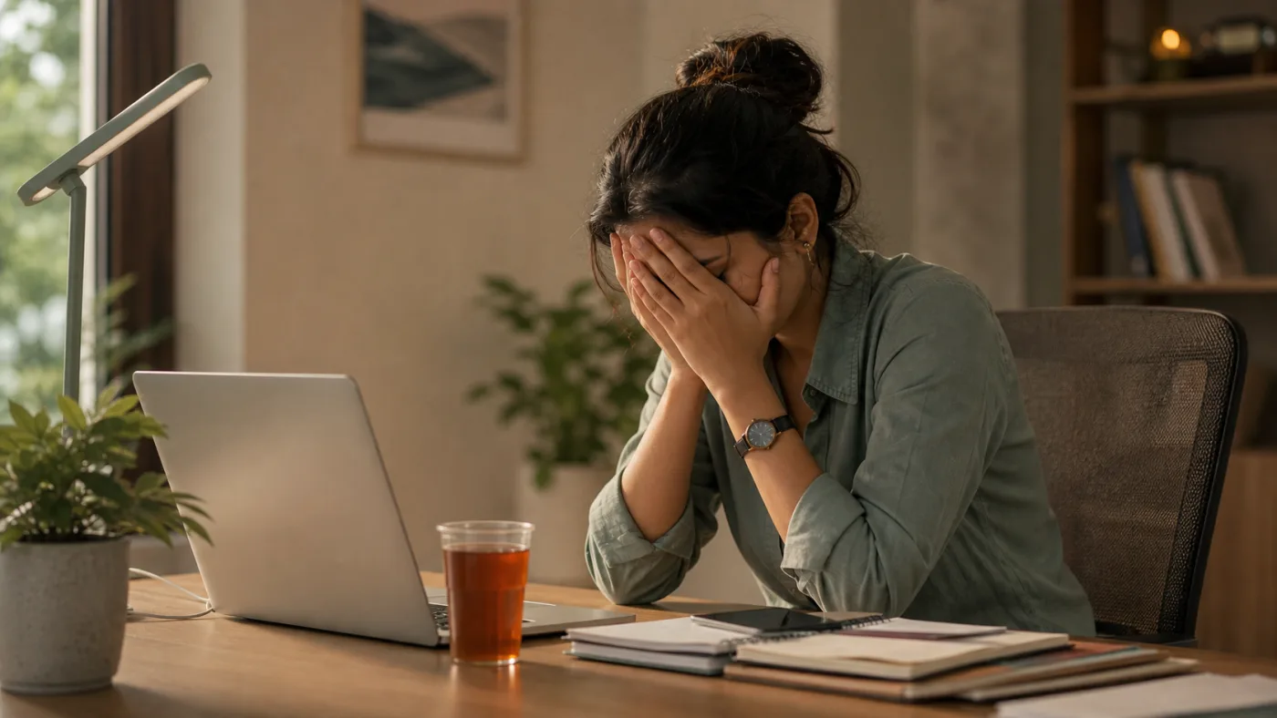 A person sitting at a desk with head in hands, looking exhausted, warm light from a window behind them