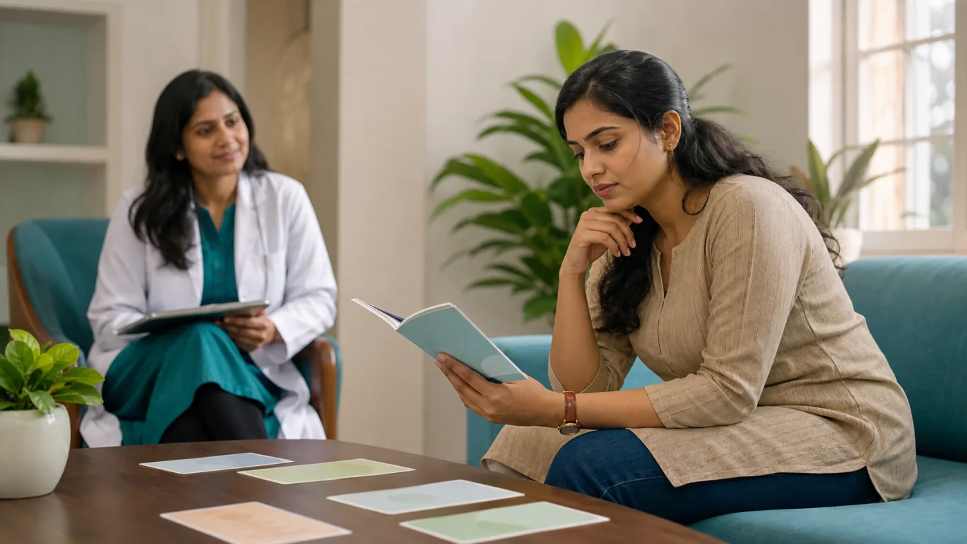 A patient reading in a calm clinic as a psychiatrist helps clarify depression myths