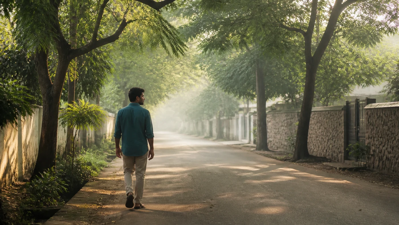 A person taking a slow, unhurried walk outdoors on a quiet tree-lined street in early morning light, calm and gentle, no destination in mind