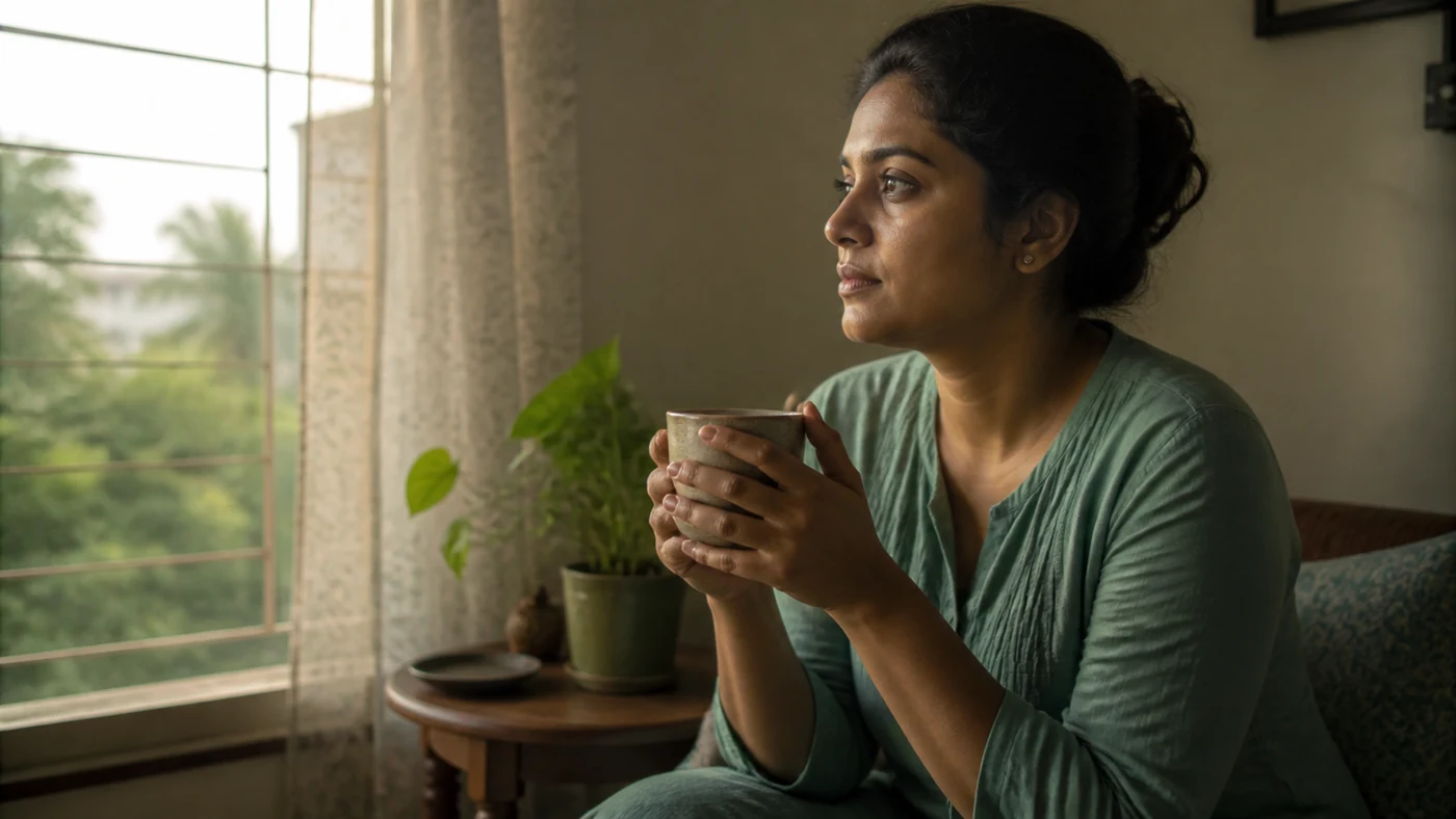 A person sitting quietly by a window in soft early morning light, both hands wrapped around a warm cup, a small still moment of catching their breath