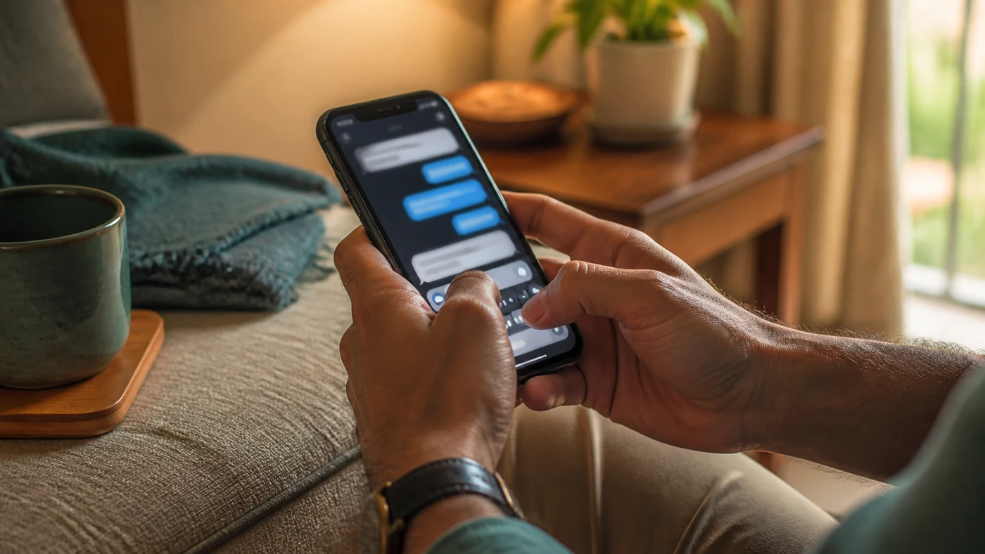 Close-up of a person's hands typing a short, simple text message to a friend on a phone, warm indoor light, a small quiet act of staying connected