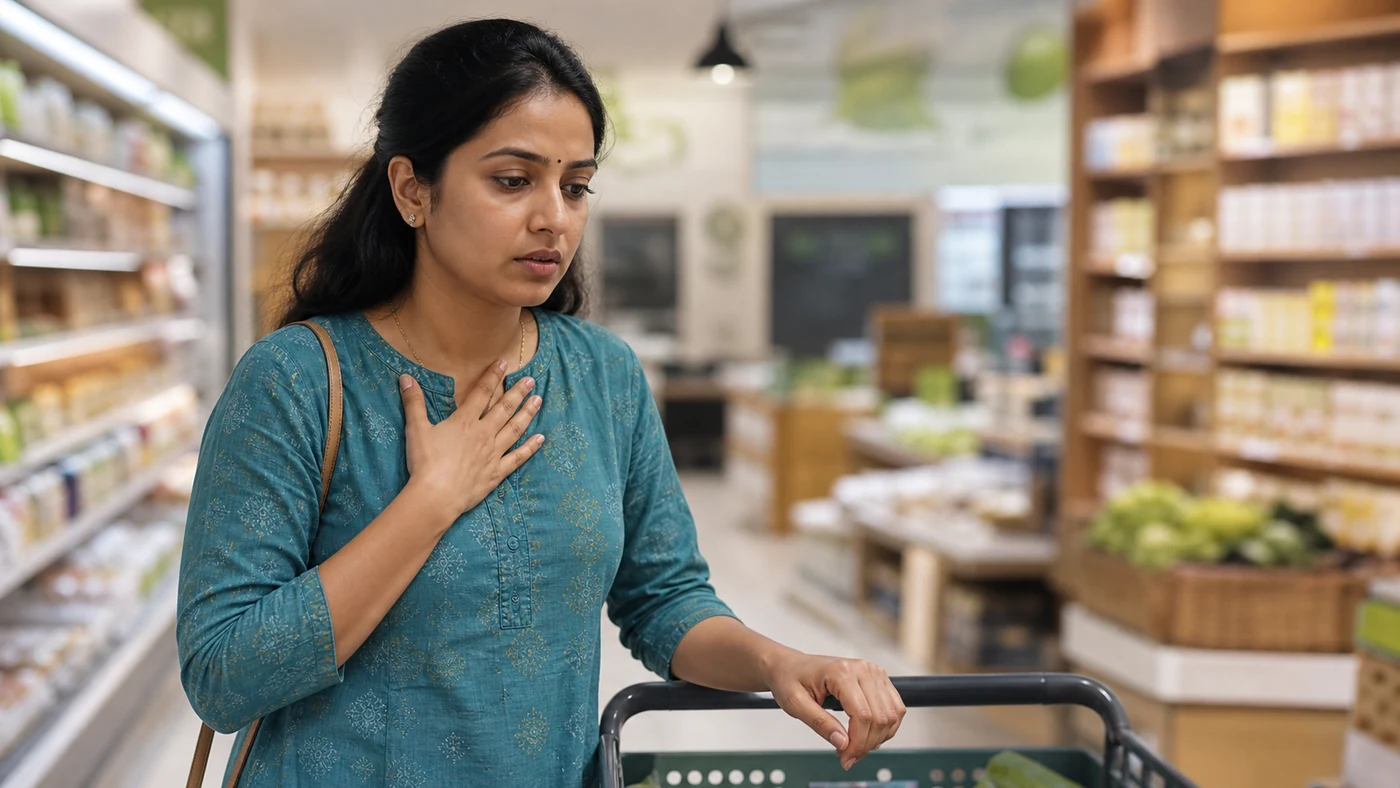 An Indian woman pausing in a supermarket as she notices the first sensations of a panic attack