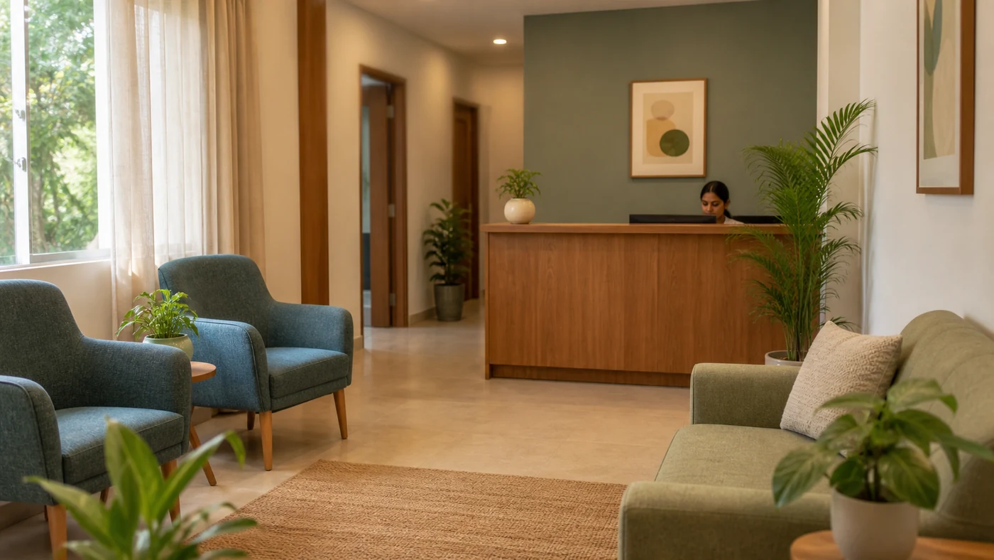 A calm, professional psychiatric clinic reception area in Coimbatore with warm natural light and comfortable seating