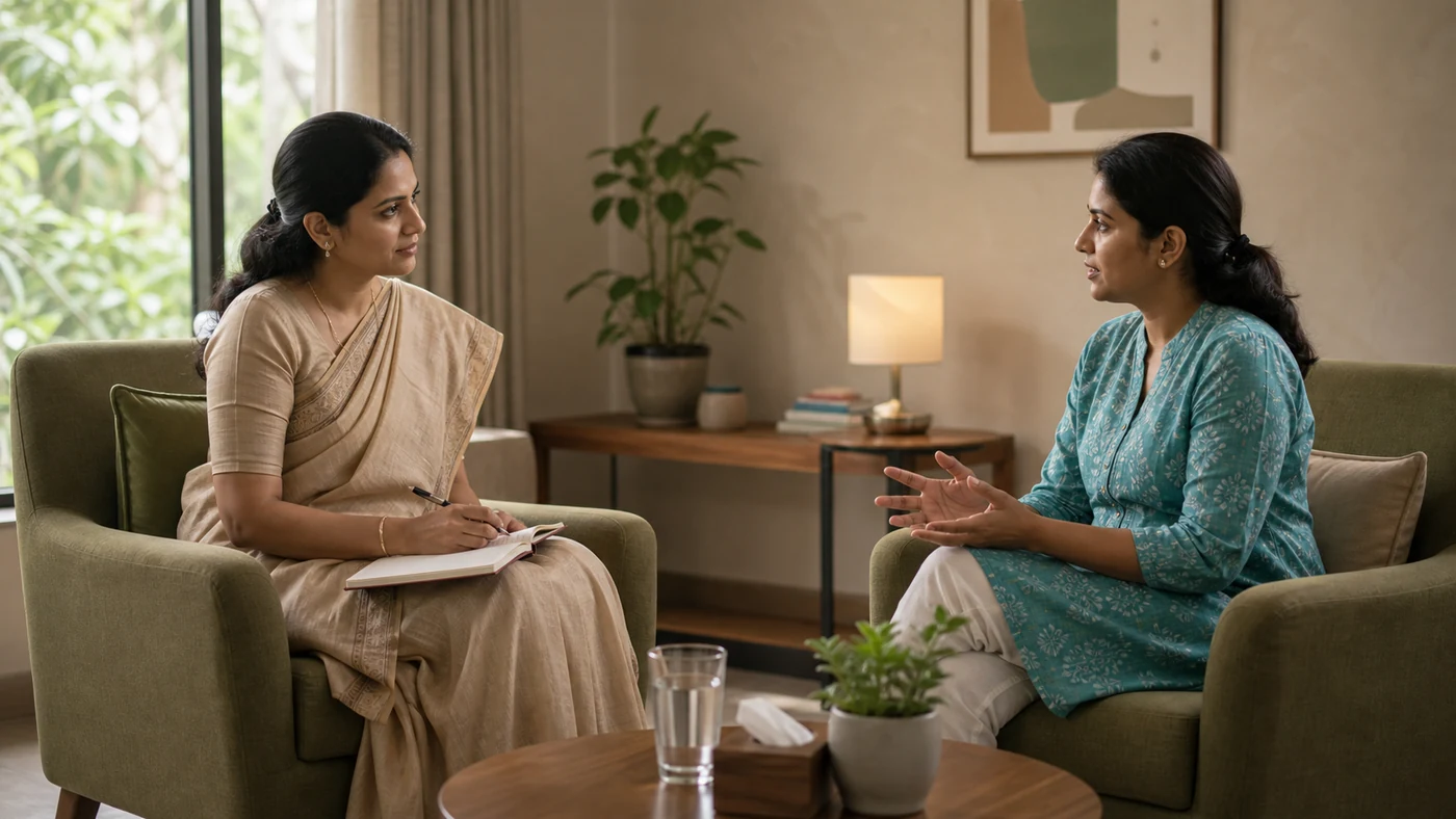 A warm, unhurried one-on-one consultation between a psychiatrist and a patient in a comfortable clinic room in Coimbatore, natural light, calm and attentive