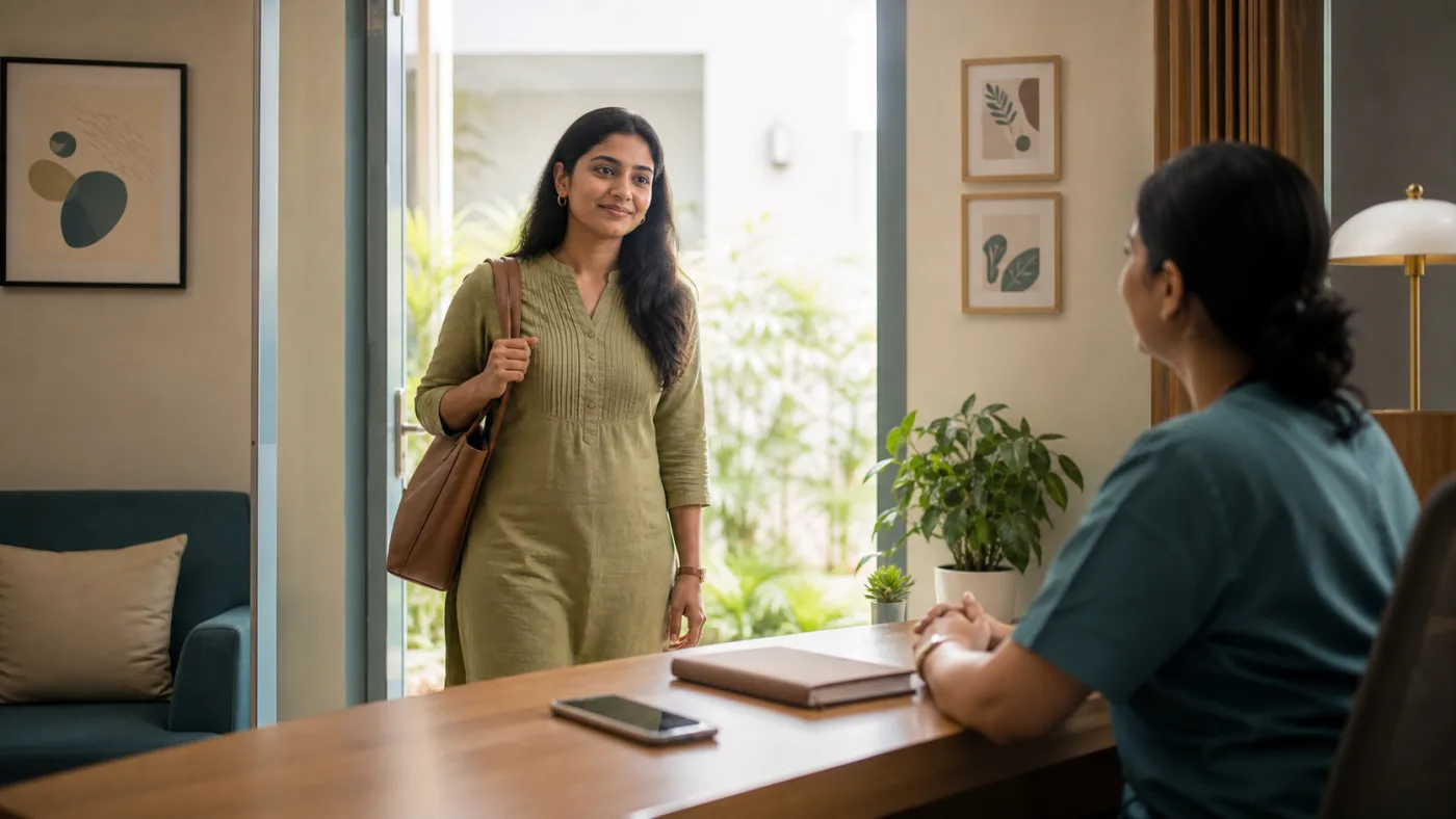A person arriving at a welcoming mental health clinic reception