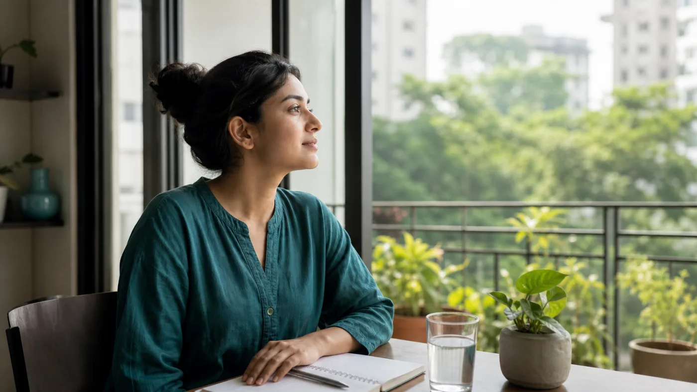 A person taking a quiet grounding pause near a balcony with plants