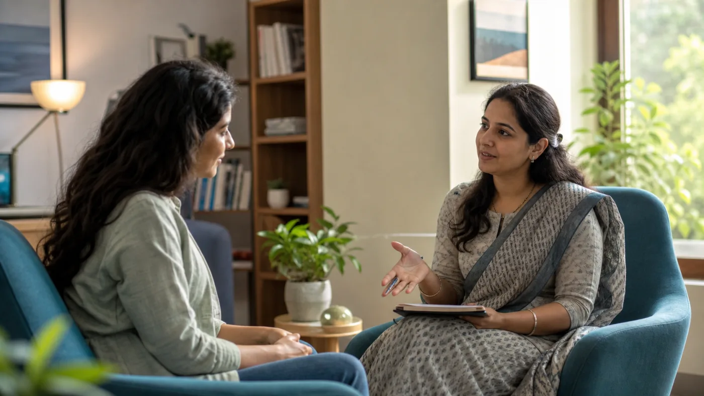 A psychiatrist and patient having a calm first appointment conversation